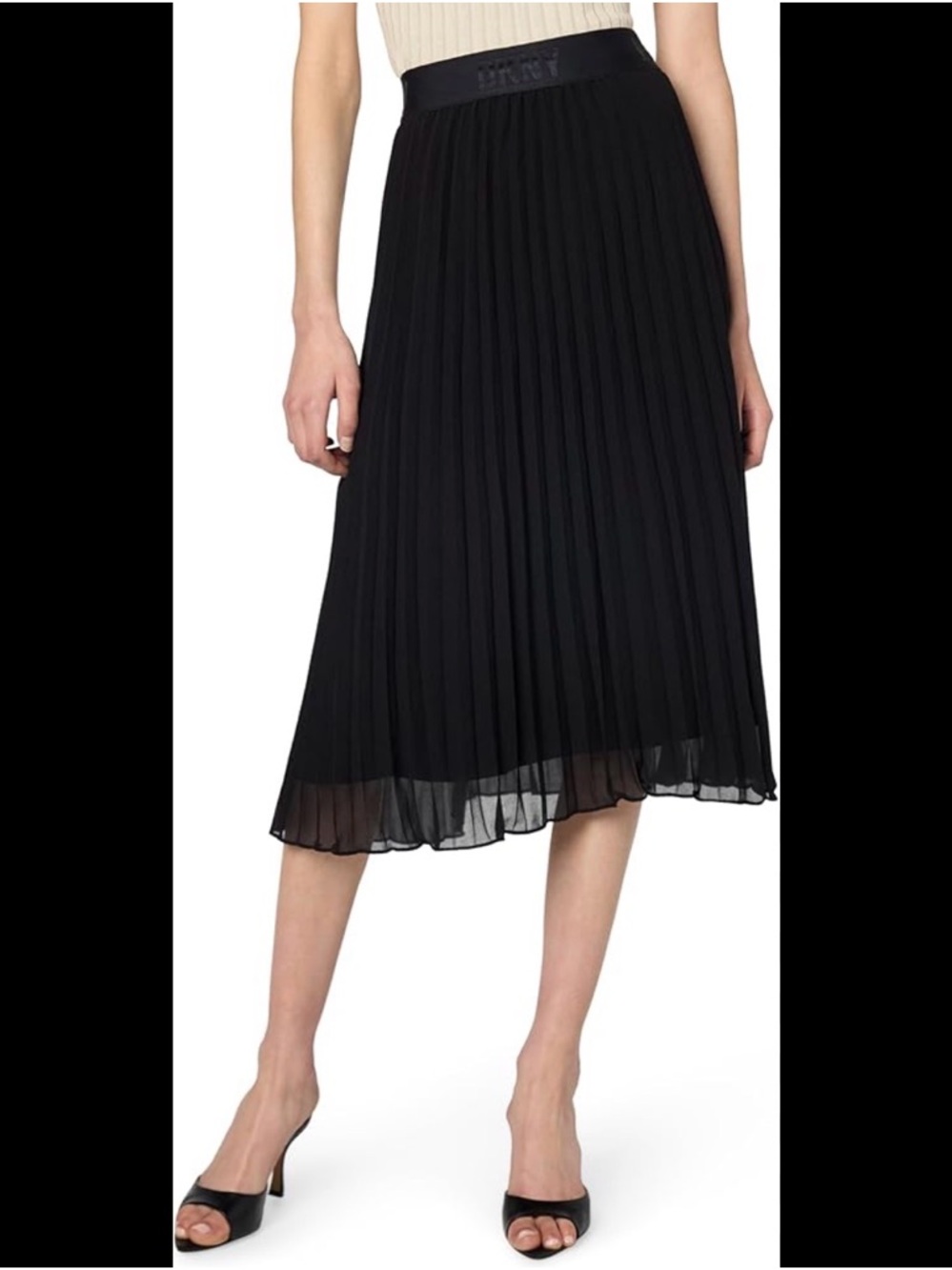 0076–NWT DKNY Black Pleated Midi Skirt with Sheer Hem